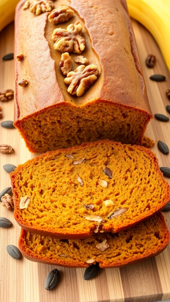 Vegan Pumpkin Banana Bread Recipe Sliced vegan pumpkin banana bread on a cutting board with walnuts and bananas.